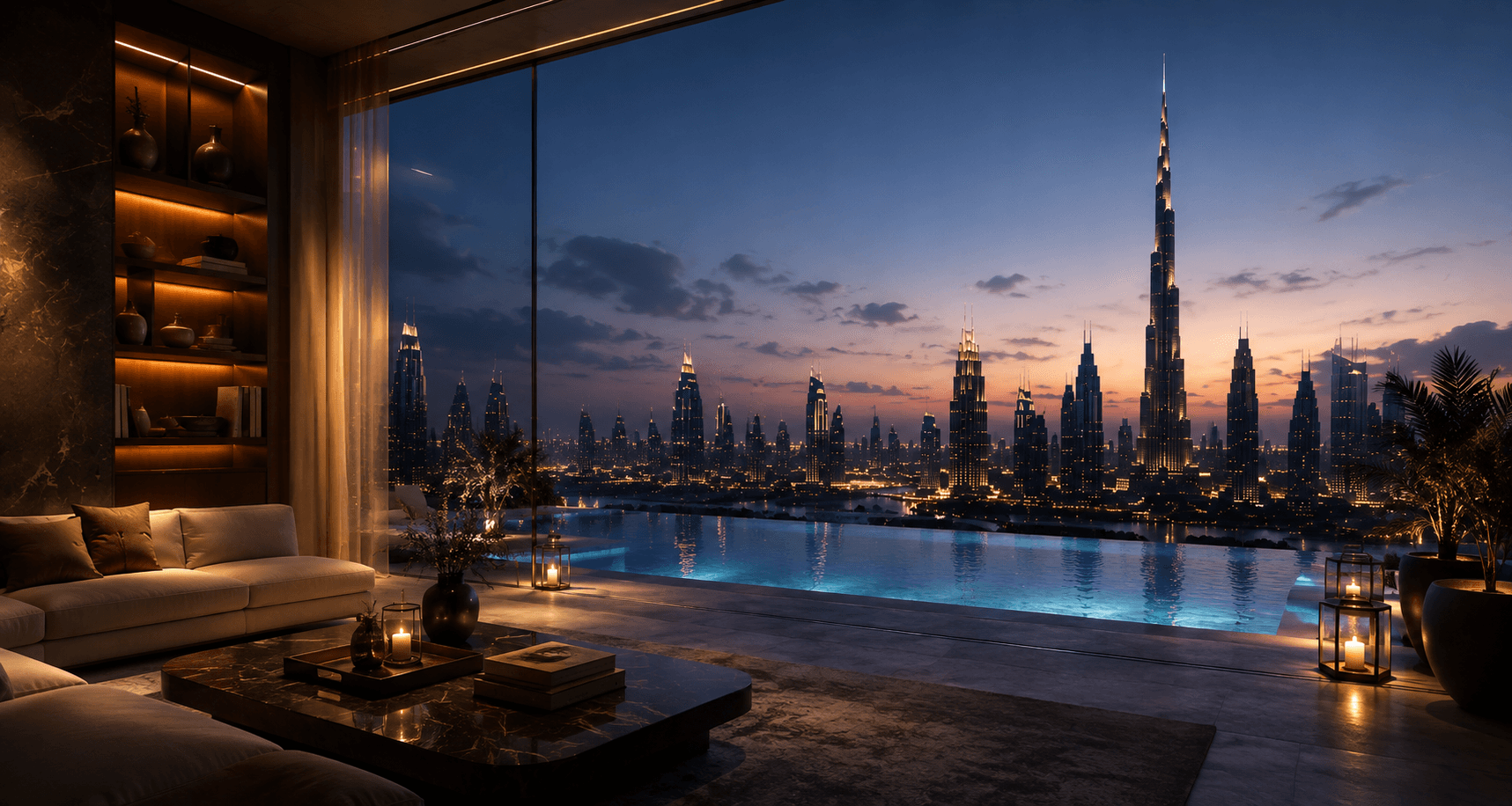 Penthouse living room overlooking the Burj Khalifa at dusk